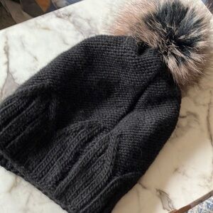 Village House Black Knit Beanie with Faux Fur‎ Pom